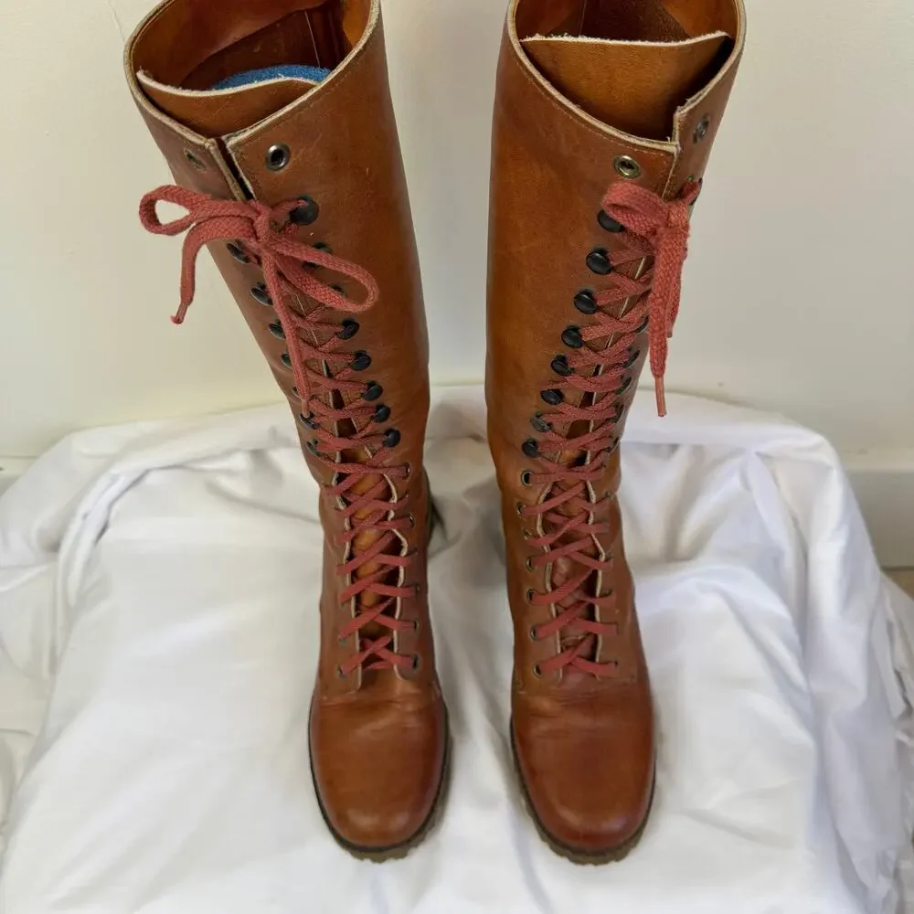 Vtg FRYE 60s 70s Women's 10 B Boots Brown Leather Lace Up Campus Stacked Heel - Picture 5 of 16